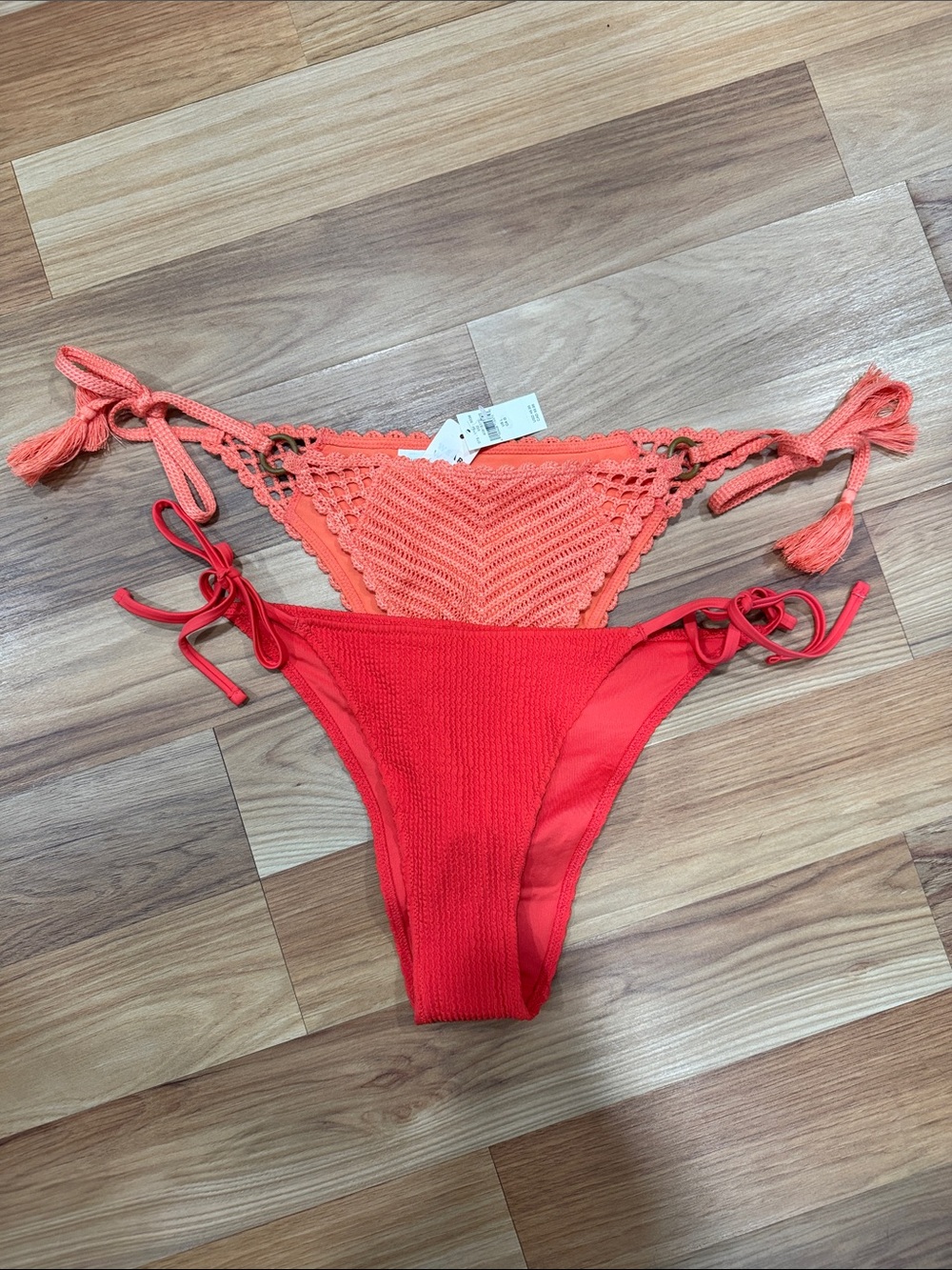aerie 2 Pc BOTTOMS Coral Crochet & Red Tie-Side Bikini Bottoms